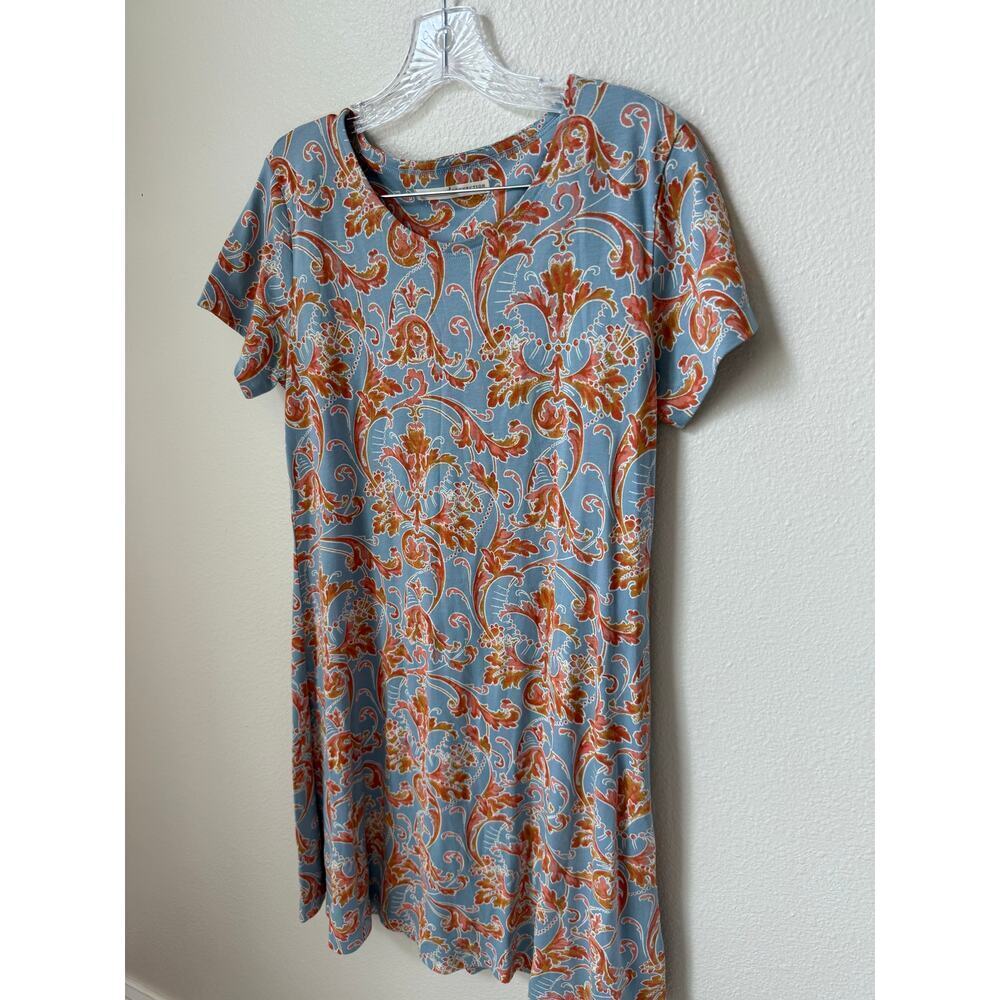 Peruvian Connection Paisley Orange Blue Floral Short Sleeve Dress Size Medium - Picture 3 of 6
